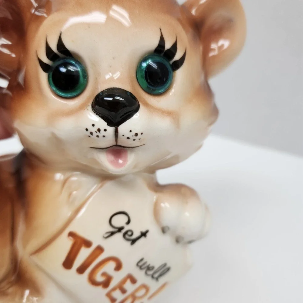 Vintage Lefton Tiger Green Eyes Ceramic Planter Get well 7